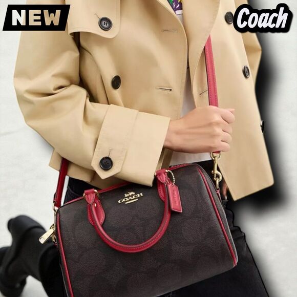 Coach Rowan Satchel Bag in Maxi Signature Canvas – Gold/Red Trim - Picture 5 of 5